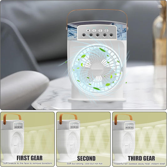 Mini 4-in-1 Air Cooler with Spray & 3 Speeds – White